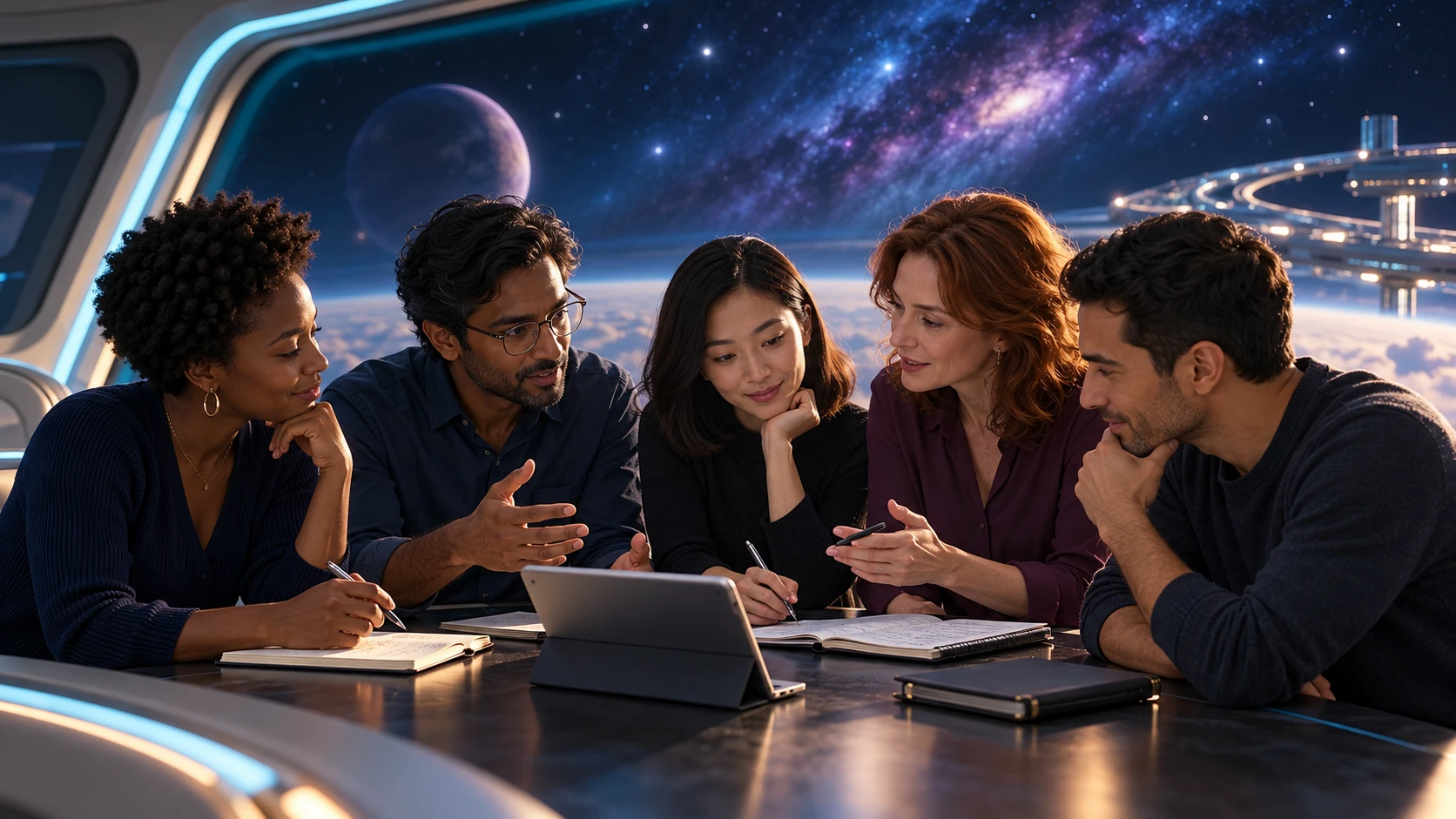 People discussing a tablet and sharing notes in the Orbital Commons